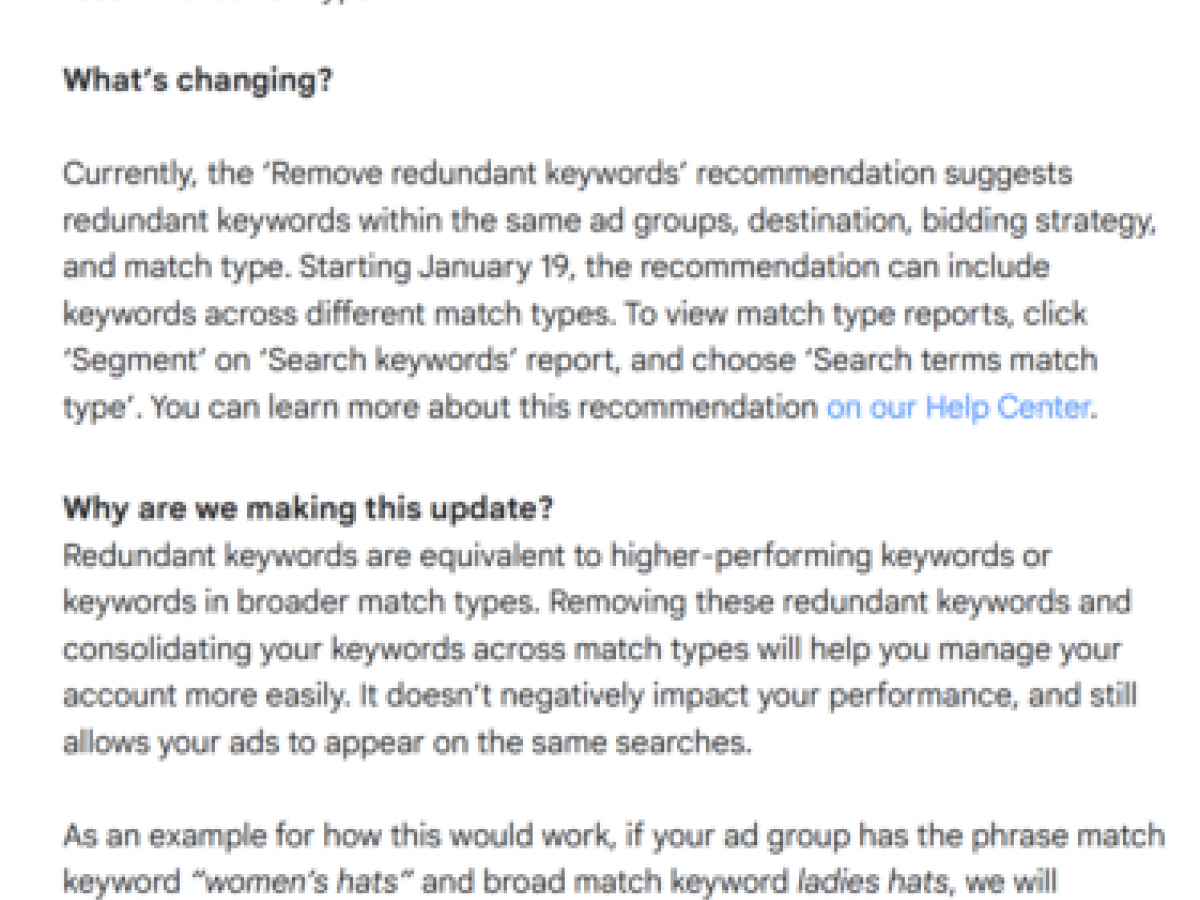 Google’s “Remove redundant keywords” recommendations have changed