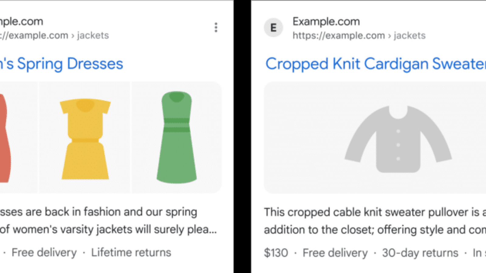 Google shows shipping and return information in the search results